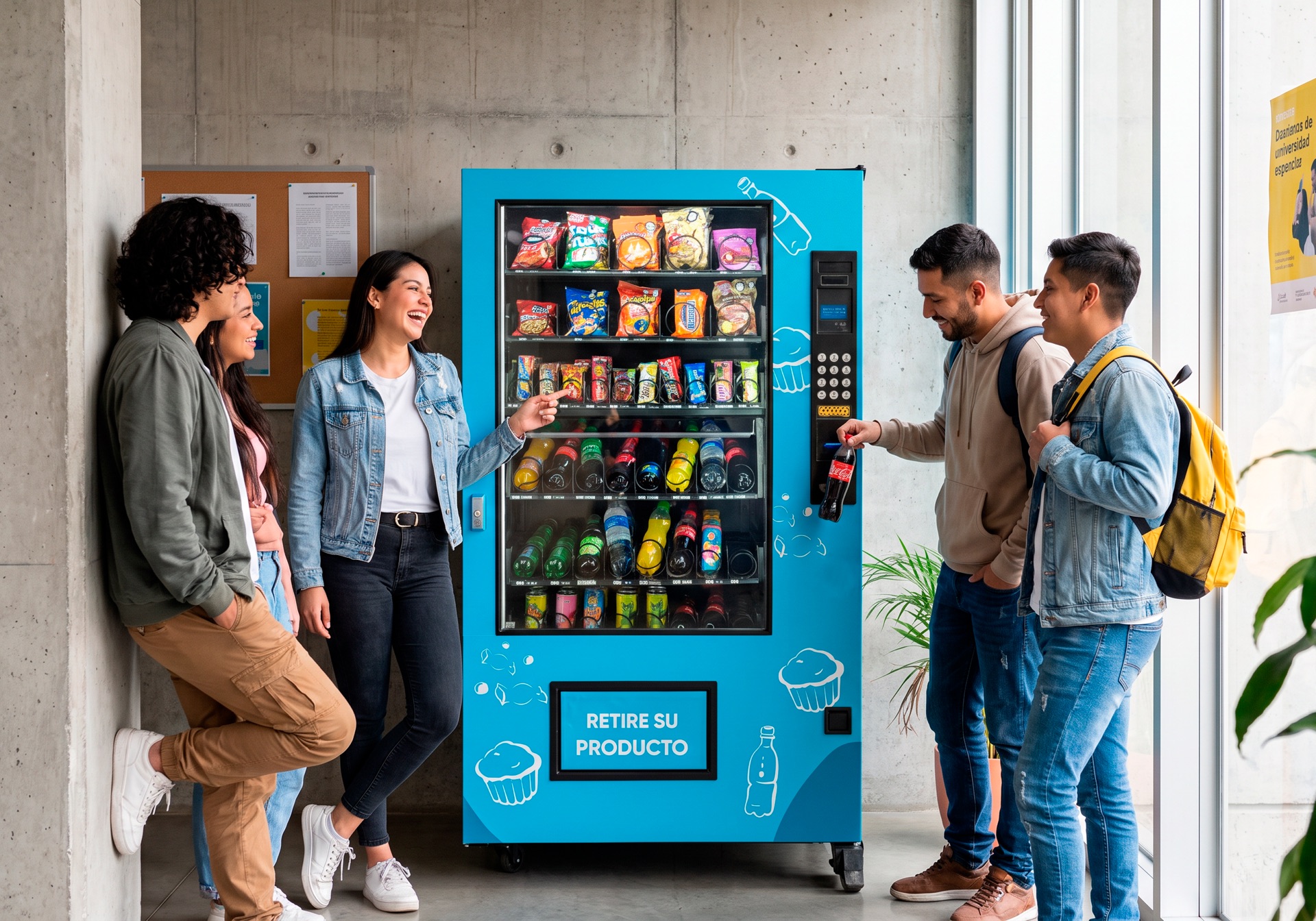 Estudiantes usando una máquina vending de snacks en una universidad