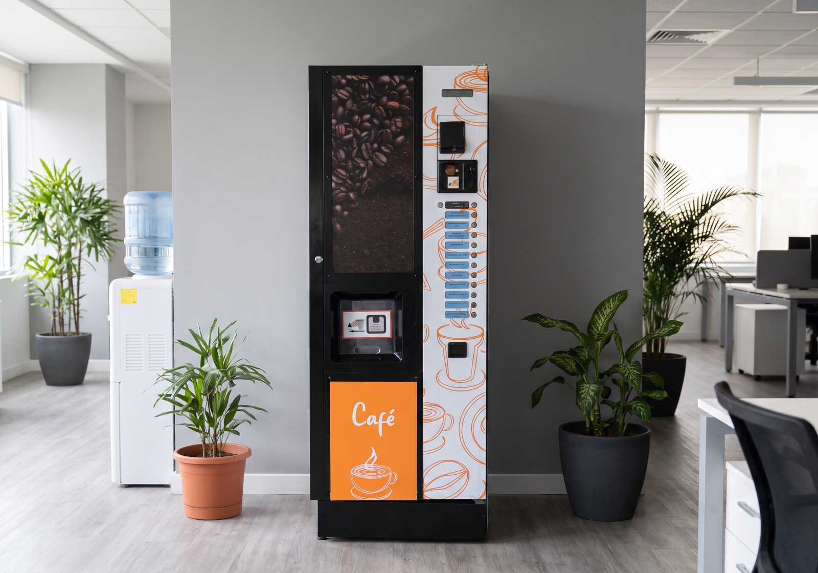 Máquina vending de café instalada en una oficina contemporánea