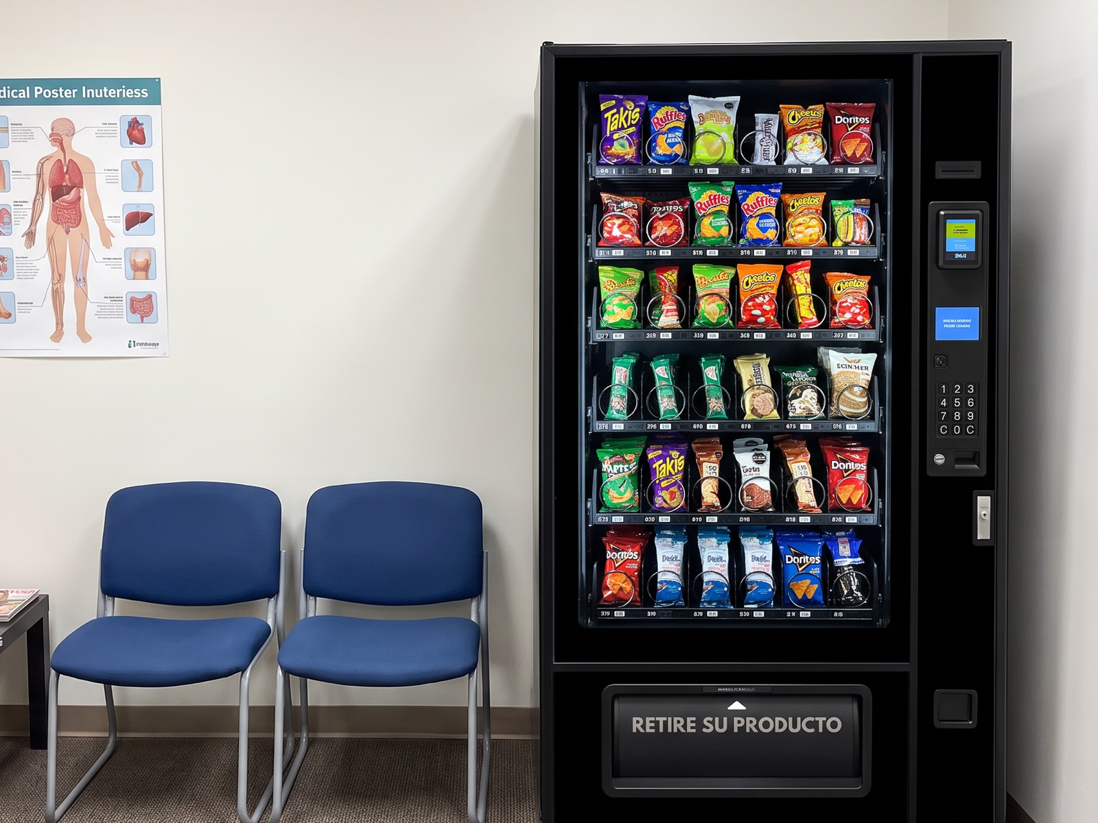 Máquina vending de snacks instalada en una sala de espera médica